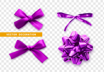 Set of purple ribbons bows. Festive realistic decorative design elements. Celebrate decoration. Vector illustration