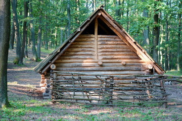 Old wooden historical house, an example of ancient settlement. Slavonic archaeological site and tourist attraction in Bojna, Slovakia