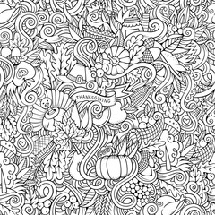 Thanksgiving autumn symbols, food and drinks seamless pattern.