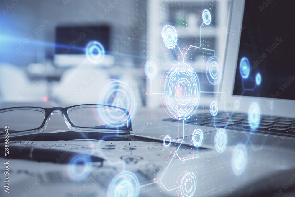 Poster Data tech hologram with glasses on the table background. Concept of technology. Double exposure.