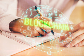 Businessman with hands background. Crypto currency concept.