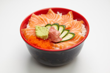 Salmon donburi or slice raw salmon put on cooked rice.
