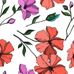 Vector Flax floral botanical flowers. Black and white engraved ink art. Seamless background pattern.