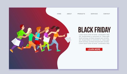Black Friday sale event vector web template illustration. Cartoon people characters with shopping bags run. Big discount black friday web landing.