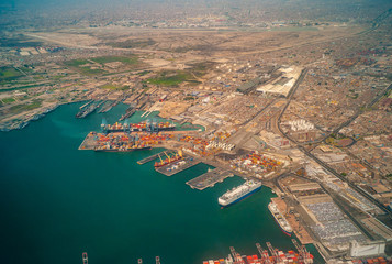 Lima Port, Boats and Pacific Ocean Viewed From an Airplane