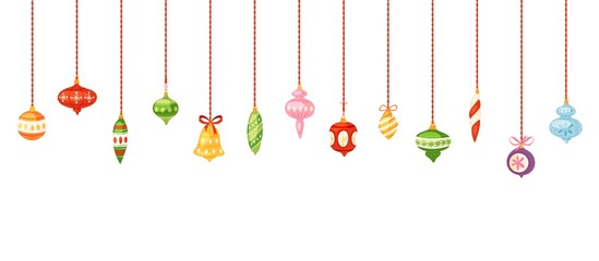 Christmas balls and happy new year holiday vector illustration. Hanging christmas balls. Xmas background for greeting cards or banner.