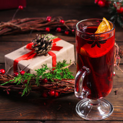 mulled wine, fragrant, sangria drink and festive mood atmosphere - concept New Year, Christmas. food background. copy space