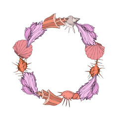 Vector Summer beach seashell tropical elements. Engraved ink art. Frame border ornament square.