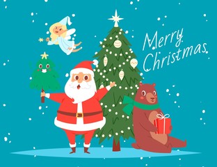 Santa Claus and merry christmas tree, bear and angel cartoon vector illustration card. Christmas santa claus in cartoon childish holiday card. New Year poster
