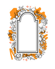 Arch frame with camomile flowers. Hand drawn sketch vector illustration black and yellow on white background. Design template for food and cosmetic package