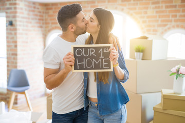 Beautiful young couple moving to a new house, smiling very happy holding blackboard with our first home text