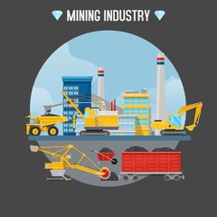 Mining industry vector illustration. Excavator loaders, hydraulic pile drilling machines, tractors at mining industry construction site.