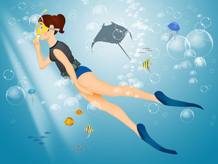 illustration of girl with mask and flippers © adrenalinapura