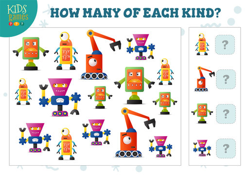 How many of each kind cartoon robot counting game for kids vector illustration