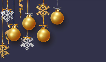 Background design of Xmas gold balls and bauble with golden glitter silver snowflake hanging on the ribbon. Festive decorative template. Merry Christmas and Happy New Year. vector illustration