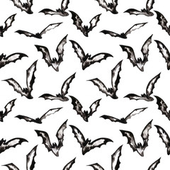 Obraz premium Watercolor monochrome seamless pattern with soaring bats on a white background for decoration on Halloween