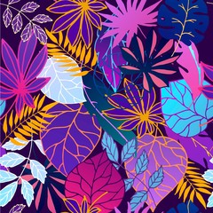 Neon glow fantastic leaves seamless vector pattern in fashion, trend color palette. Glowing fantastic multicolor leaves on black background.