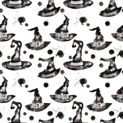 Watercolor monochrome seamless pattern with witch hat and ink blots on a white background for decoration on Halloween