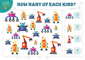 Naklejka premium Ile każdego rodzaju kreskówka robot dzieci liczy ilustracji wektorowych gry
