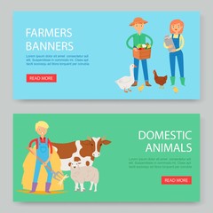Farm and domestic animals vector illustration. Farming business two banners set. Cartoon male and female farmers with farm animals. Feeding cow, chicken and sheep.