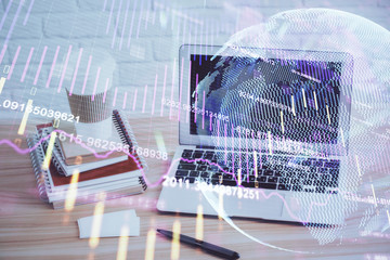Multi exposure of forex graph and work space with computer. Concept of international online trading.