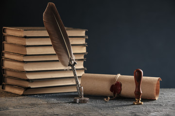 Attorney and notary concept. Stamp with pen and paper on the table