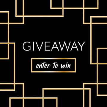 Giveaway banner with golden lines on the black background. Vector square template for social media contest
