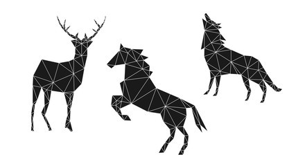 Contemporary geometric image of a deer, horse and wolf from triangles on a white background. Minimalism in the style of trigonometry.