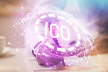 Businessman with hands background. Crypto currency concept.