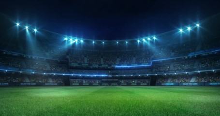 Illuminated empty grass playground before the game in a stadium full of fans, sport 4K professional background animation loop