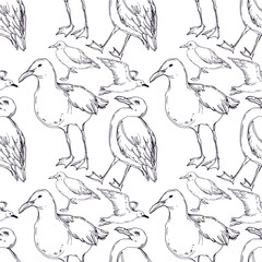 Vector Sky bird seagull in a wildlife isolated. Black and white engraved ink art. Seamless background pattern.