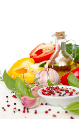 Fresh vegetables on white background. Top view with copy space. Cooking concept.