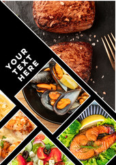 Food Collage. A design template with various tasty dishes with a place for text or logos