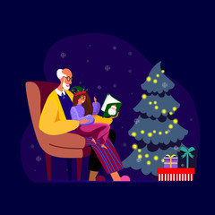 Naklejka premium Grandfather reading fairytale to his grandchild sitting near xmas tree