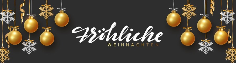 Fototapeta premium German text Frohliche Weihnachten, Background design Xmas gold balls and bauble, golden glitter silver snowflake hanging on the ribbon. Festive decorative template. Merry Christmas and Happy New Year.