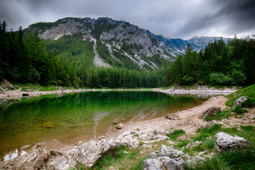 Naklejka na ściany i meble Landscape with mountains and turquoise lake-Gruener See,Styria,Austria.