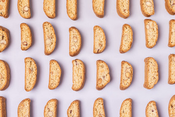 Food Background Freshly Baked Italian Cookies Biscotti or Cantuccini Blue Background Top View...