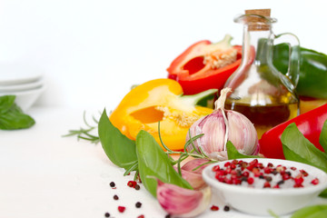 Fresh vegetables on white background. Top view with copy space. Cooking concept.