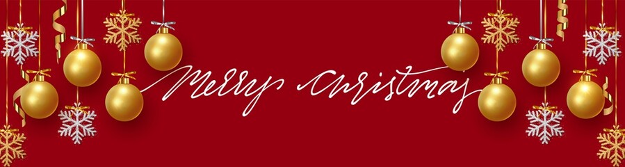 Background design of Xmas gold balls and bauble with golden glitter silver snowflake hanging on the ribbon. Festive decorative template. Merry Christmas and Happy New Year. vector illustration