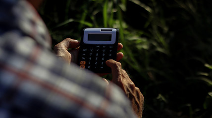 Calculator in the hands of a man on natural morning.