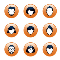 Set of orange buttons and People icons for web. Human heads and silhouettes. Vector outline Illustration.