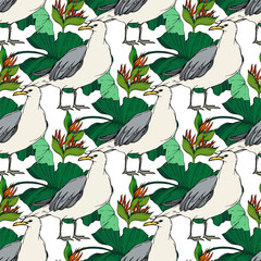 Sky bird seagull in a wildlife. Black and white engraved ink art. Seamless background pattern.