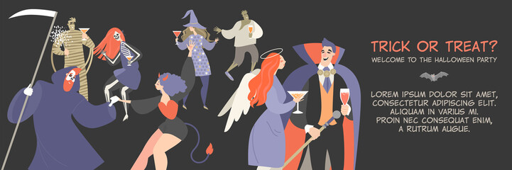 Vector Halloween banner template with funny cartoon people dressed in monster costumes dancing at a party © naidzionysheva