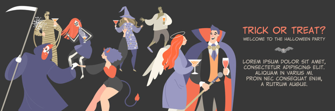 Vector Halloween banner template with funny cartoon people dressed in monster costumes dancing at a party