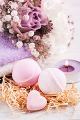 Aroma bath bombs with pink purple bouquet