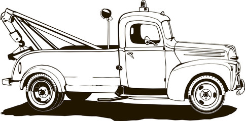 vintage tow truck, vector illustration, monogram, graphic, logo, black, isolated