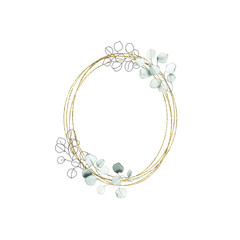 Watercolor gold geometrical oval frame with eucalyptus dusty green leaf