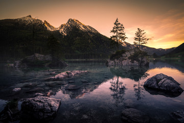 Wonderful Sunset at Hintersee Lake in Bavarian Alps.