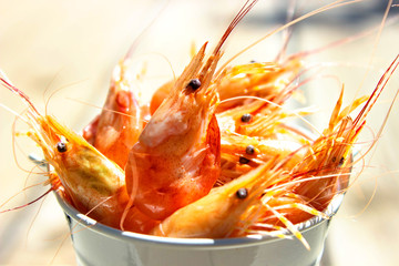 Seafood. Close - up of large cooked whole shrimp in a shell