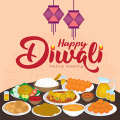 Diwali/Deepavali vector illustration with  Happy indian family enjoy the traditional festival foods/ meal (Murukku, Ladoo / Laddu, Curry, Curry Puff, Halwa and Rice)